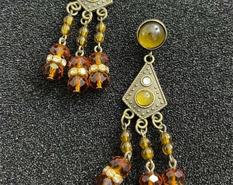 Handcrafted Amber Crystal and Green Gemstone Dangle Earrings in Antique Gold Finish