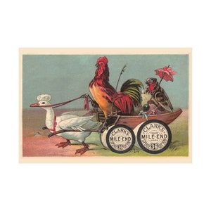 Coq et poule dans une charrette tirée par un canard - Bobines de fil de Clark - Reproduction antique imprimée sur papier d'art en plusieurs tailles