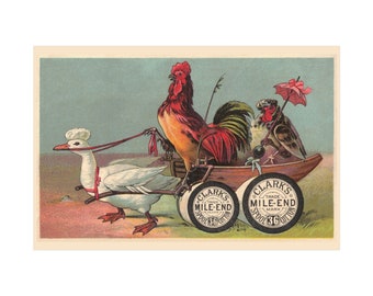 Rooster and Hen in Cart Pulled by Duck - Clark's Thread Spools - Antique Reproduction Print on Fine Art Paper in Multiple Sizes