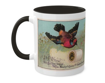 Red and Blue Birds Carrying J&P Coats Spools - White - Mug 11oz