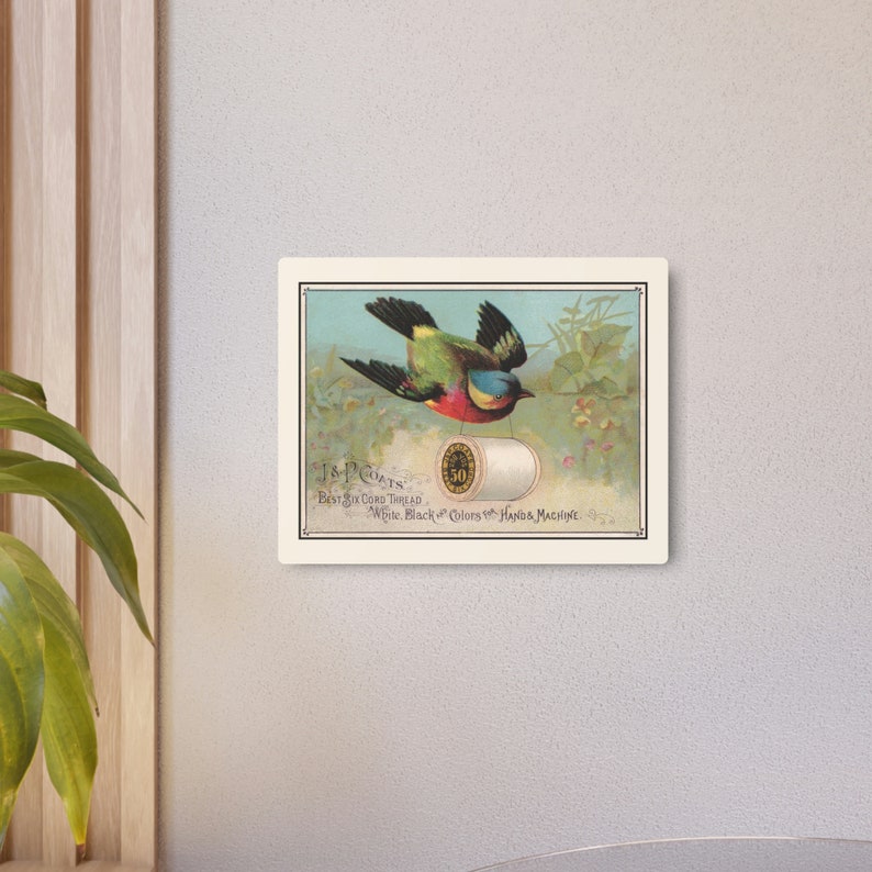 Green Bird Carrying Spool of J&P Coats Thread on Cream Metal Art Print 11 x 14 image 4