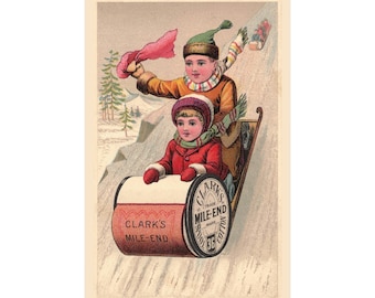 Kids Sledding in the Snow on Clark's Mile End Thread Spool Toboggan - Antique Reproduction Print on Fine Art Paper in Multiple Sizes