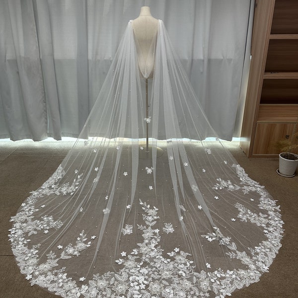 Floral Lace Wedding Cape, Scattered Pearl Bridal Cape, 3D Flowers Cape Veil, Soft Ivory Tulle Cathedral Veil, Fairy Bridal Wedding Veil