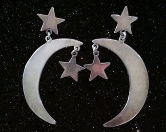 Moon Earrings, Hippie Moonchild, Sterling Silver Star, Witch Jewelry, 1970's Vintage