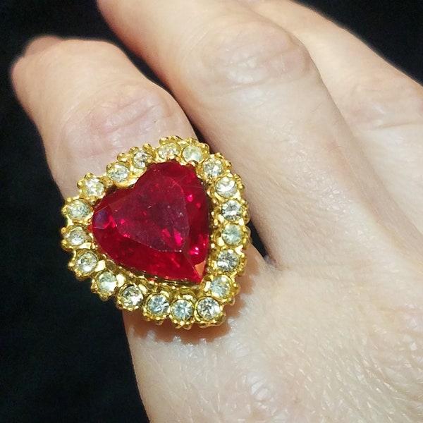 Vintage Red Rhinestone Heart Ring, Gold Red Jewel, Adjustable Size 5-7, The Love Witch, Gothic Goth Witchy