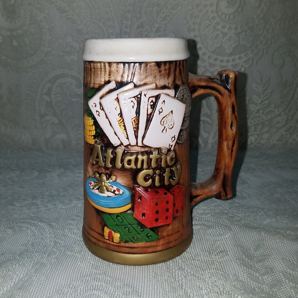 Vintage Atlantic City Beer Stein Mug, Slot Machines, Las Vegas Card Table Dice Poker