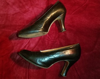 Vintage Black Leather Heels: 1920s Mary Jane Shoes, Gothic Decor