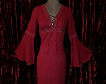 Vintage Burgundy Bell Sleeve Dress, Size Small BOHO Bohemian Hippie