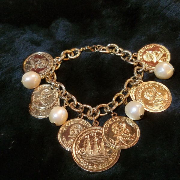 Vintage Coins Charm Bracelet, Pearl Dangles, Gold Costume Jewelry, Gypsy Belly Dancer