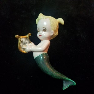 Baby Mermaid Wall Hanging - Blonde Hair - Holding Harp - Vintage 1950's Decor - 50's Collectible - Kitsch Decorating - Kitschy Cute
