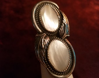 Big Vintage Ring, 1970's Silver Jewelry, Navajo Sterling, Mother of Pearl, Large Brutalist Statement Piece, Artisan Made