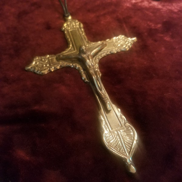 Antique Crucifix - Gold Brass Pectoral Cross - Religious Jewelry - 7 1/4 inches long - 1910's