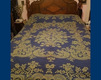 Gothic Home Decor, Bedspread Bedding, Olive Green & Blue, Sears Full Queen, Mid Century 1960s 1970s, Hippie Home, Vintage Retro Bed