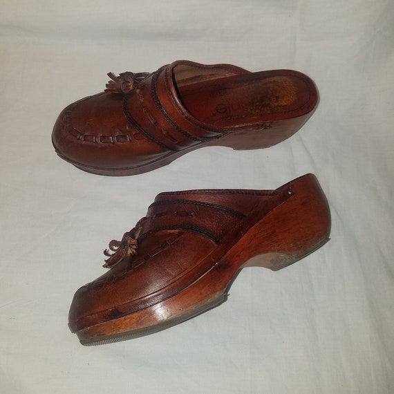 1970's Clogs, Brown Leather, Wooden Wood Shoes, V… - image 3