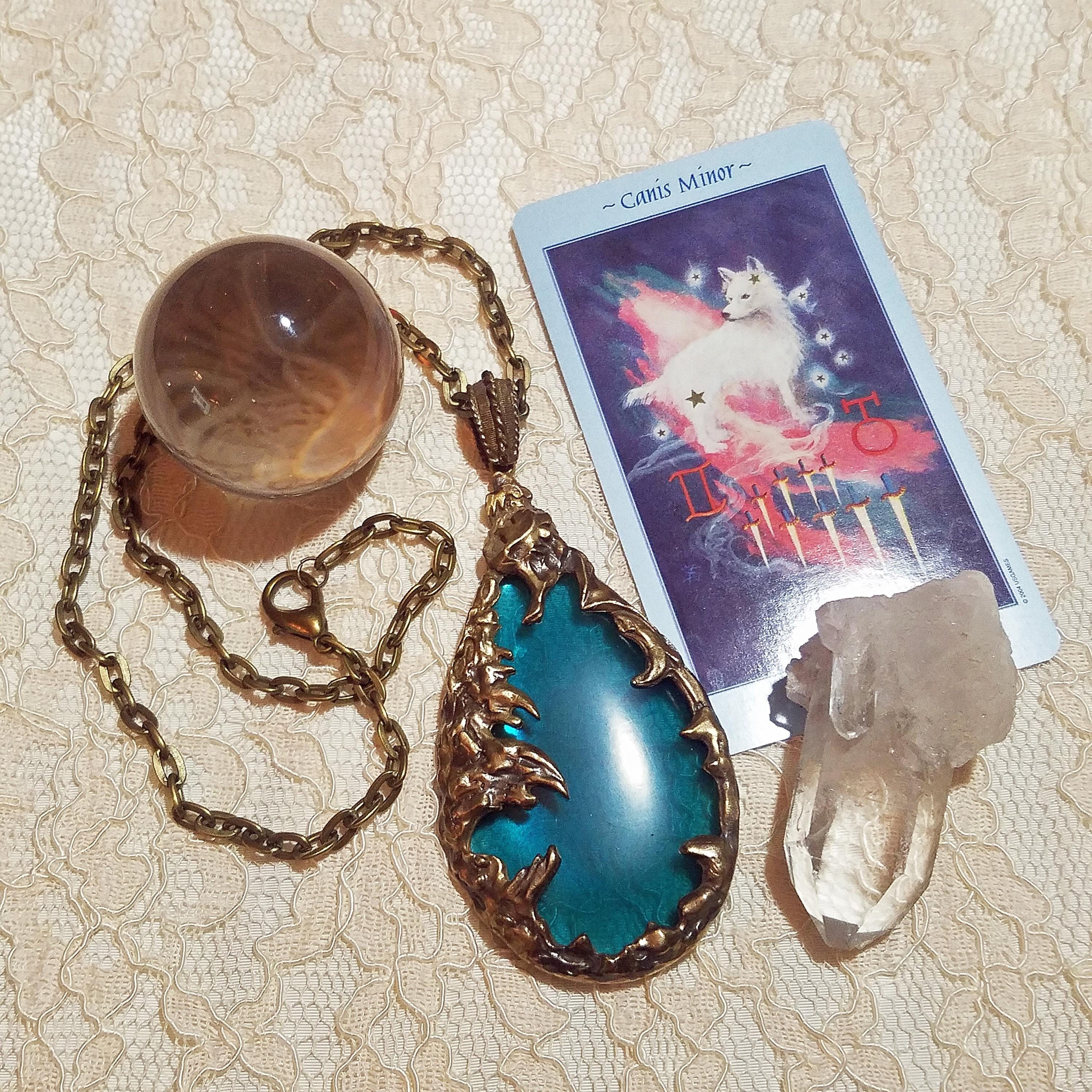 Brass Love Witch Necklace, Large Gold Teardrop Pendant, Turquoise Blue Stone, MOD Modernist Brutalist 1960's Style Statement Jewelry