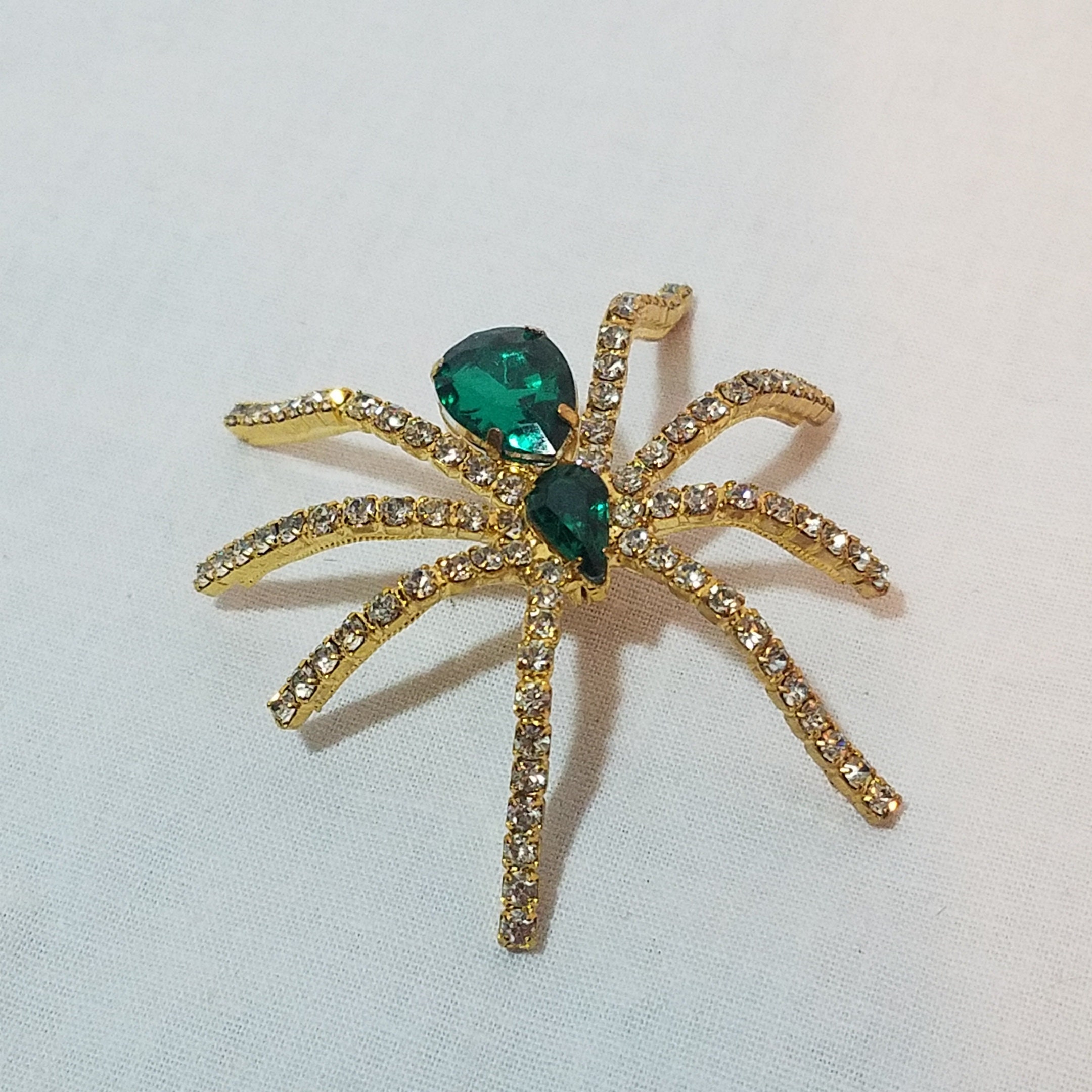 Vintage Large Rhinestone Spider Brooch Pin with Green Eyes – Hers