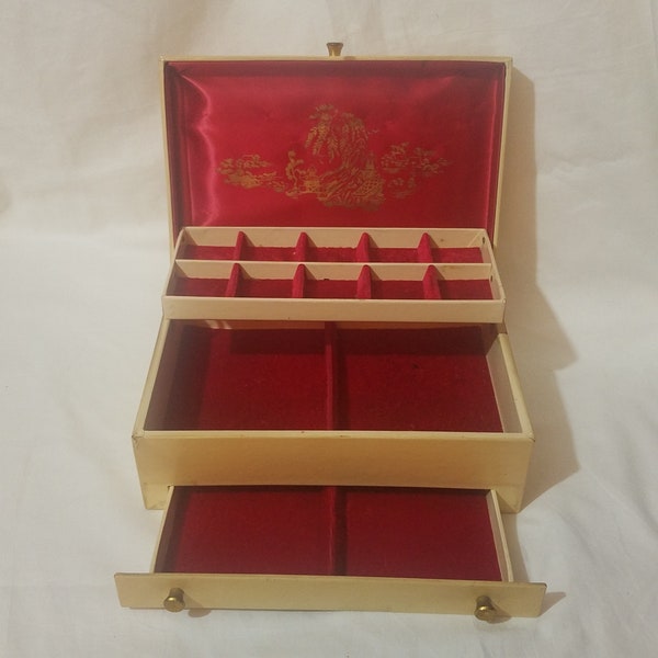 Vintage 1960's Ivory Leather Jewelry Box, Red Velvet Lining, Lady Buxton