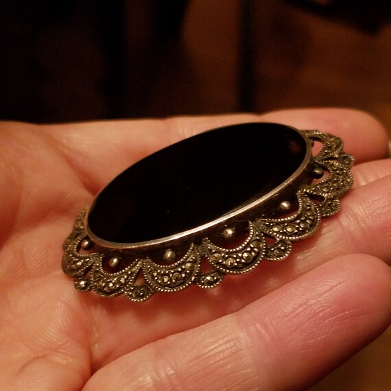 Black Onyx Jewelry, Vintage Marcasite Brooch, 194… - image 7