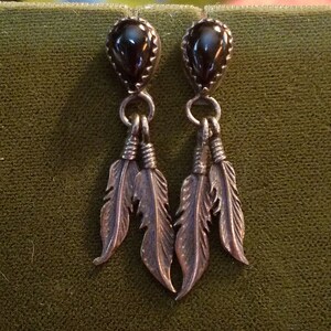 Black Onyx Feather Earrings, Sterling Silver, Handmade Vintage 70's Navajo Jewelry, BOHO Gypsy Bohemian Hippie Witchy Witch Goth Gothic image 3