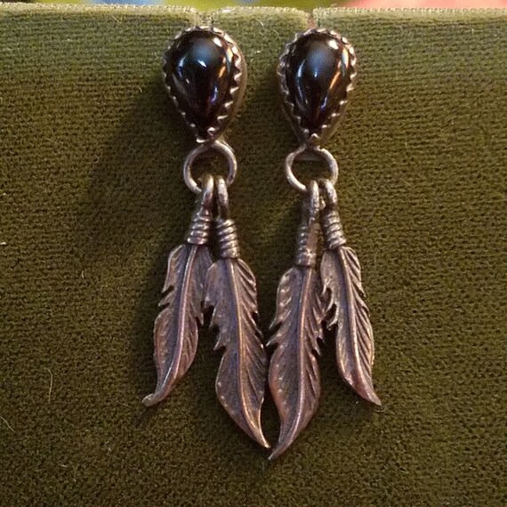 Black Onyx Feather Earrings, Sterling Silver, Han… - image 3