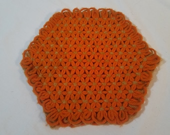 Vintage 1970's Handmade Orange Yarn Placemat Trivet Pot Holder, 12 inches