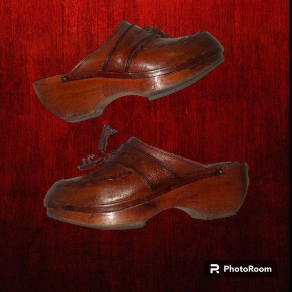 1970's Clogs, Brown Leather, Wooden Wood Shoes, V… - image 1
