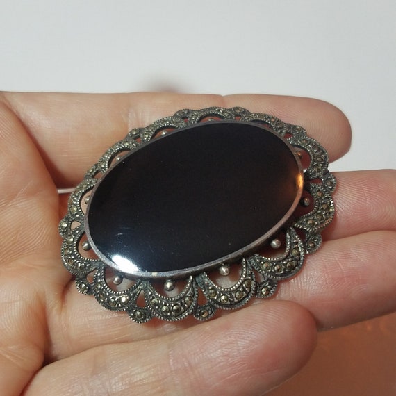 Black Onyx Jewelry, Vintage Marcasite Brooch, 194… - image 2