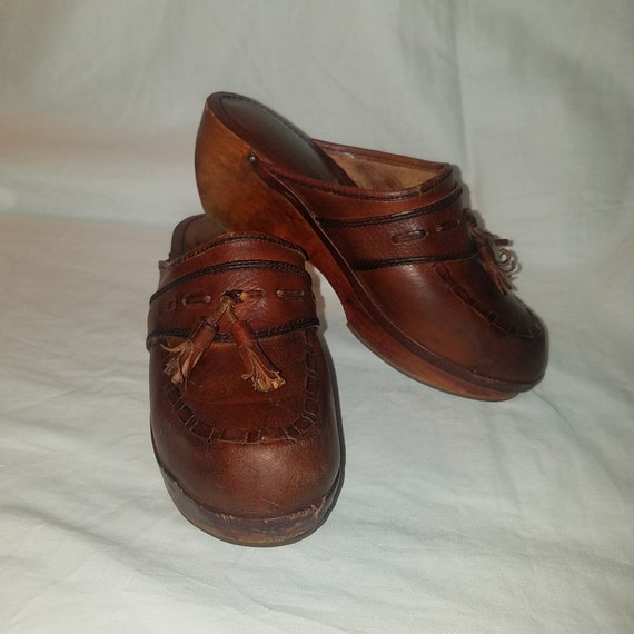1970's Clogs, Brown Leather, Wooden Wood Shoes, V… - image 2