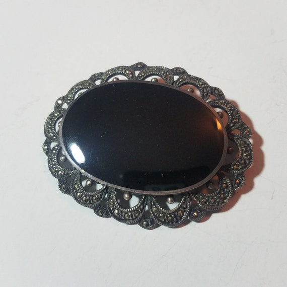 Black Onyx Jewelry, Vintage Marcasite Brooch, 194… - image 4