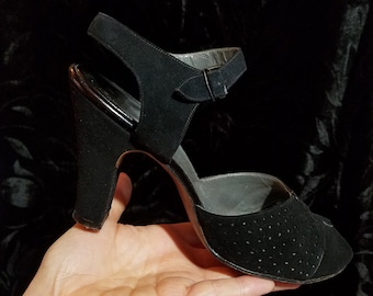 Vintage Black Suede Shoes, 1940's Fashion, Peep Toe Heels, Ankle Strap, Pinup Girl