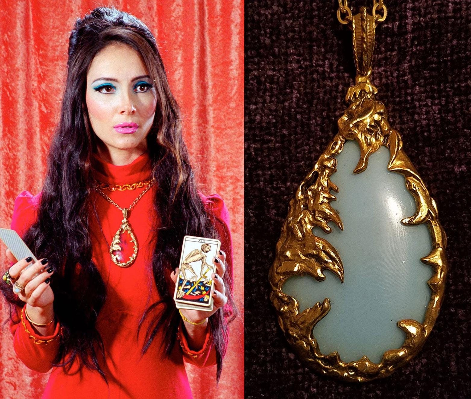 Love Witch Necklace, 1960's Fashion, Large Gold Teardrop