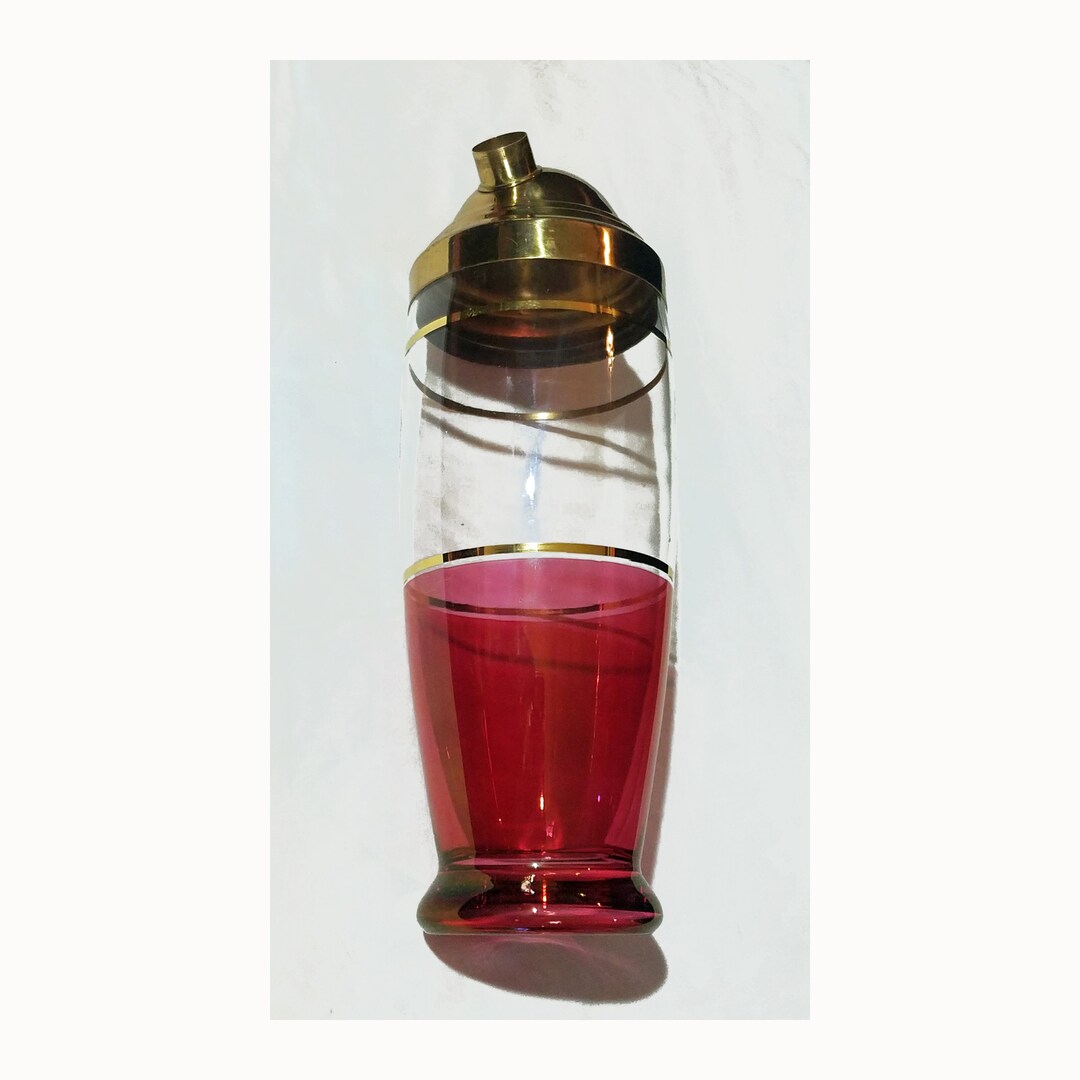 Vintage Mid Century Cocktail Shaker Cranberry Glass Gold Etsy