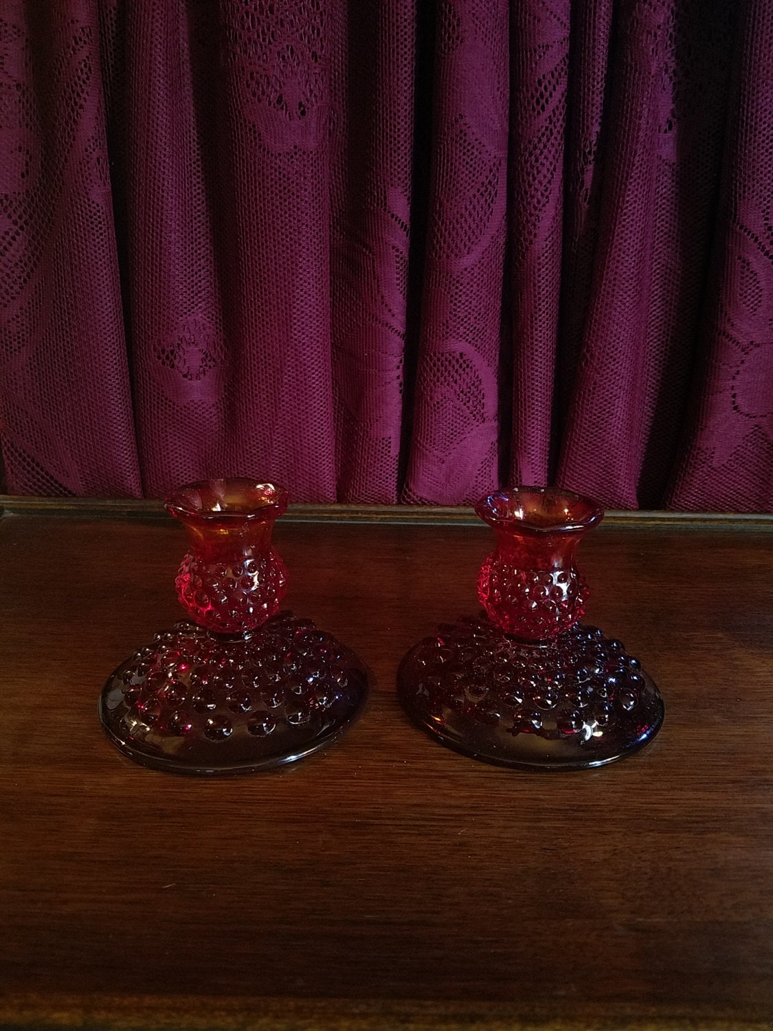 Vintage Fenton Red Hobnail Glass Candle Holders Pair Taper Etsy