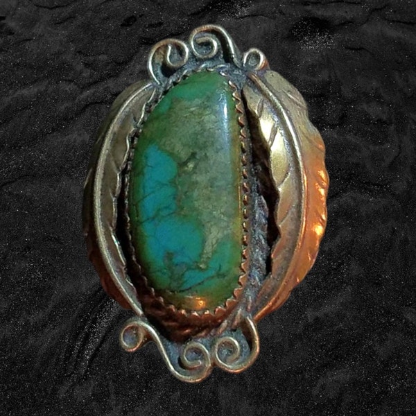 1970's Turquoise Ring, Sterling Silver, Navajo Artisan, Vintage Old Pawn, Hippie Gypsy