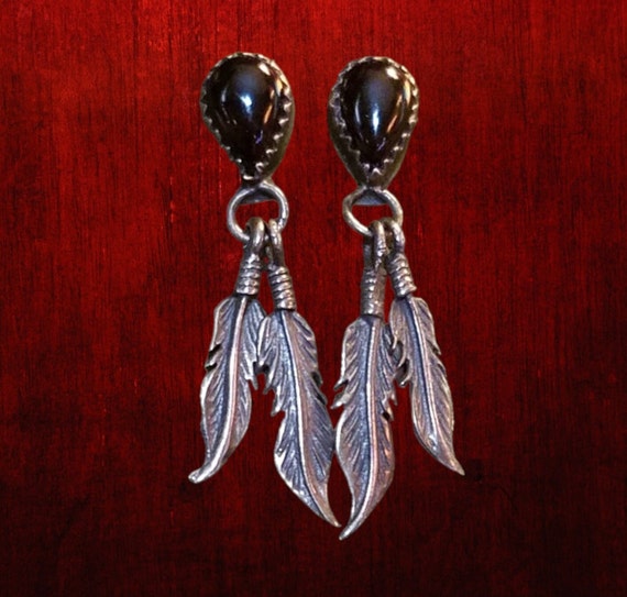 Black Onyx Feather Earrings, Sterling Silver, Han… - image 1