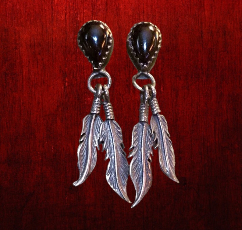 Black Onyx Feather Earrings, Sterling Silver, Handmade Vintage 70's Navajo Jewelry, BOHO Gypsy Bohemian Hippie Witchy Witch Goth Gothic image 1