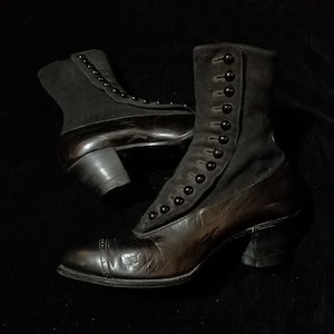 Antique Boots, Side Button Leather & Fabric, Witchy Gothic Edwardian, Victorian 1890's Steampunk Goth