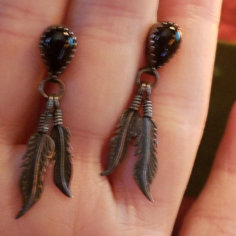 Black Onyx Feather Earrings, Sterling Silver, Handmade Vintage 70's Navajo Jewelry, BOHO Gypsy Bohemian Hippie Witchy Witch Goth Gothic image 4