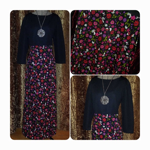Vintage 1960's 70's Long Black Dress w/Mushroom Bu