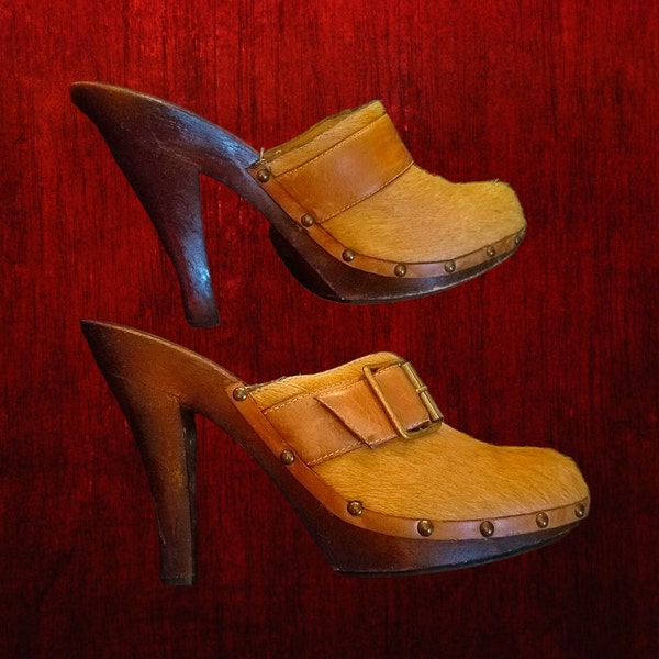 1970's Leather Clogs, Vintage High Heels, Wood Wooden Platform Shoes, Moonchild Free Love, Hippie Disco BOHO Bohemian Retro Clothing, Size 8