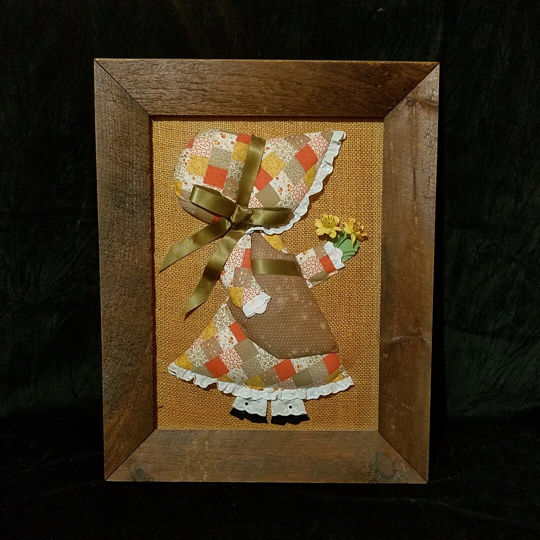 Holly Hobbie Picture, Girl in Vintage 1980's Crewel Needlepoint