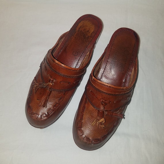 1970's Clogs, Brown Leather, Wooden Wood Shoes, V… - image 4