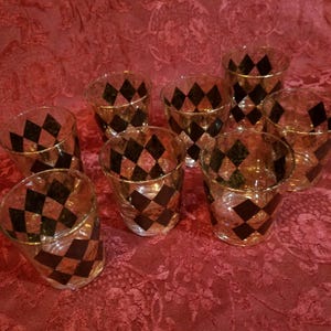 Mid Century Glassware Set, Harlequin Pattern, Black and Gold, Vintage 1950&#39;s Glasses, Barware, Set of 8, Federal Glass, MCM