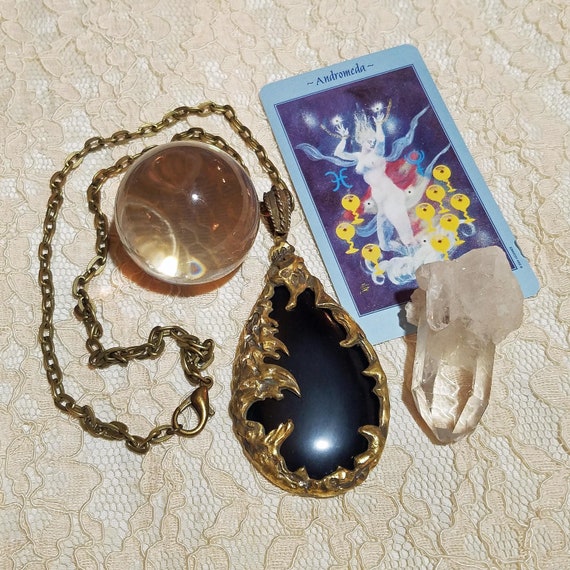 Love Witch Necklace: Black Teardrop Pendant, 1960s Style Jewelry