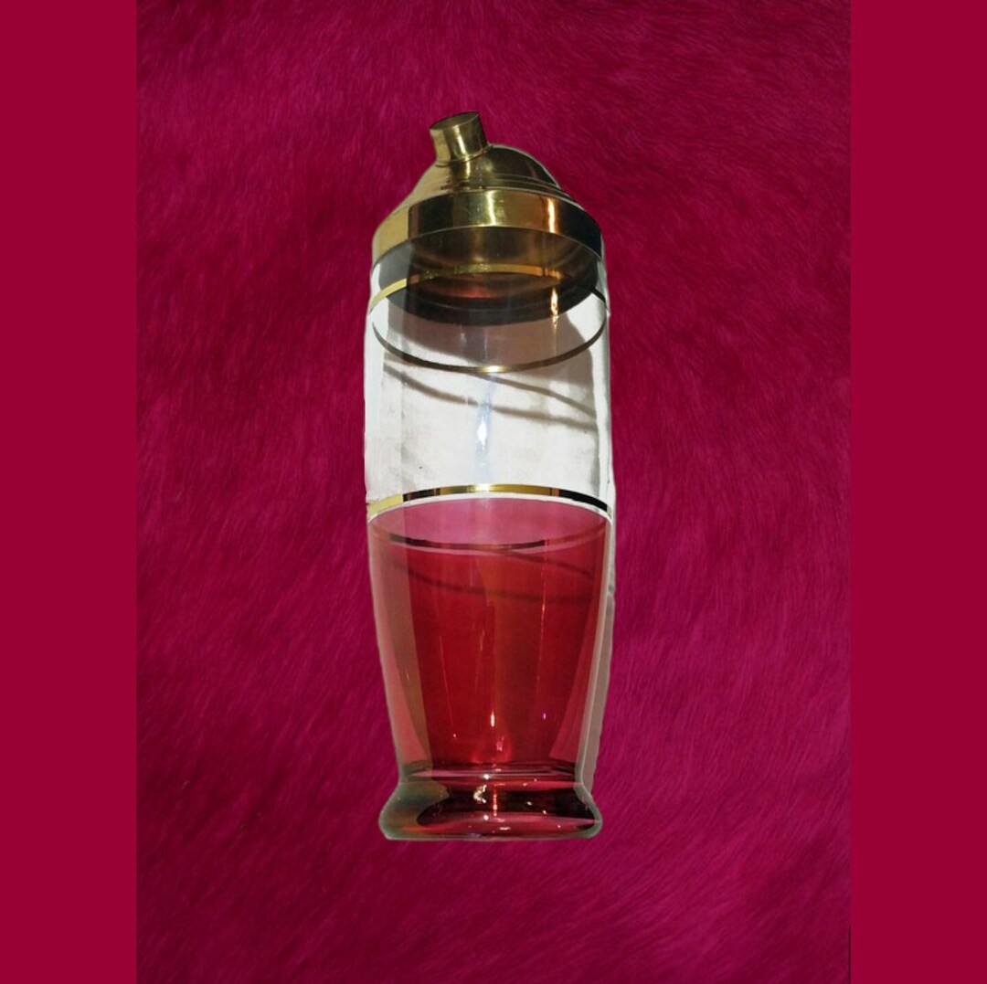 Vintage Mid Century Cocktail Shaker Cranberry Glass Gold Trim Barware