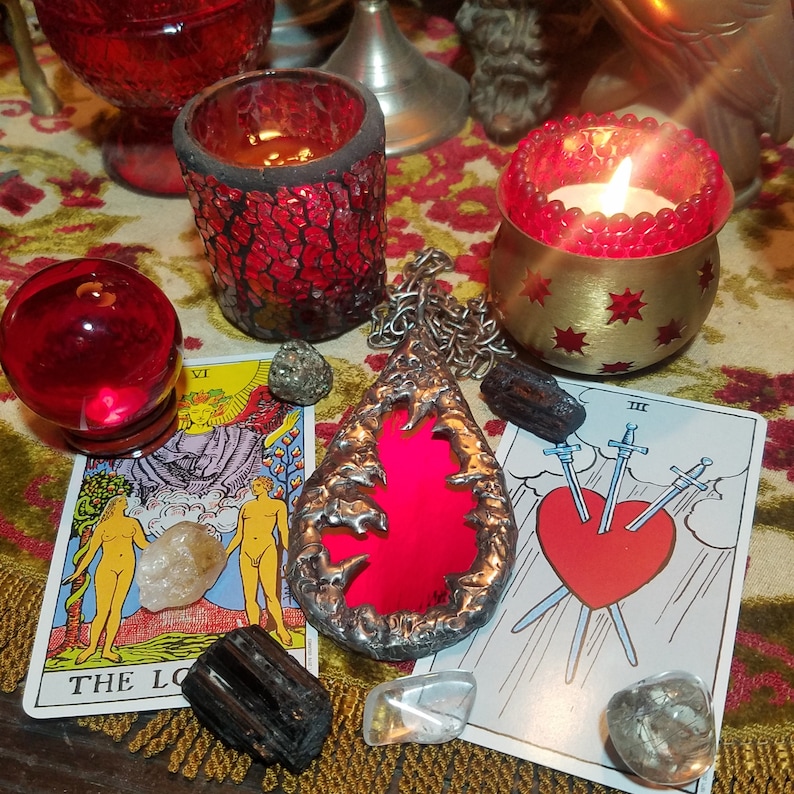 The Love Witch Necklace, Red Glass Teardrop Pendant, Handmade Witchy