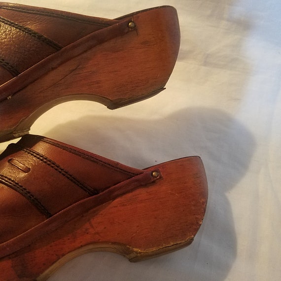 1970's Clogs, Brown Leather, Wooden Wood Shoes, V… - image 7