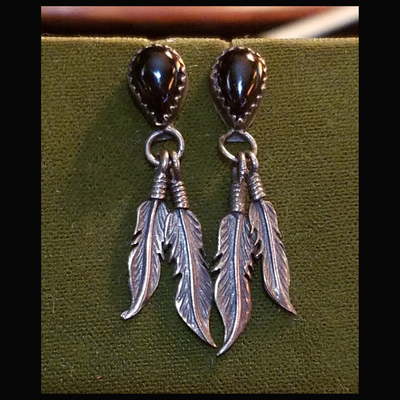 Black Onyx Feather Earrings, Sterling Silver, Handmade Vintage 70's Navajo Jewelry, BOHO Gypsy Bohemian Hippie Witchy Witch Goth Gothic image 2