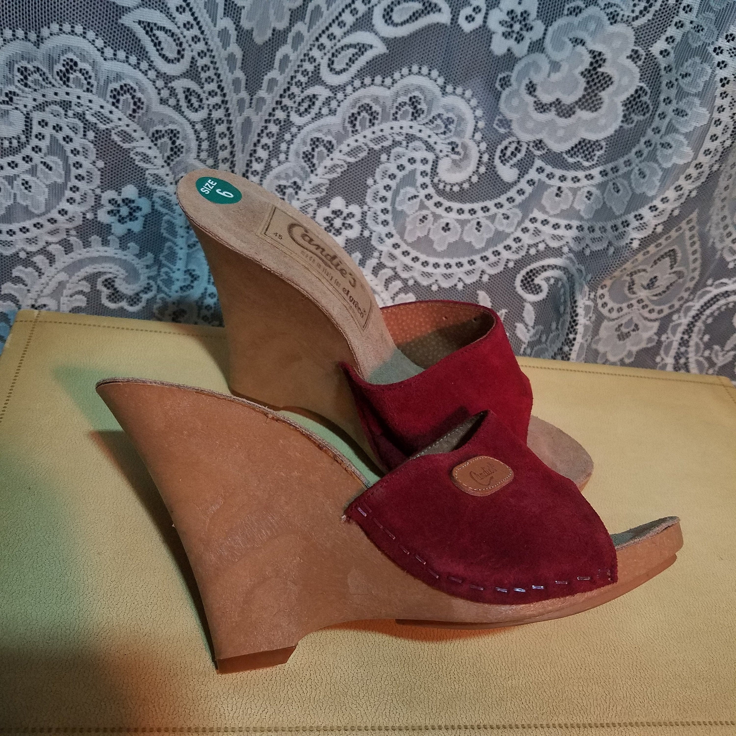 RARE NOS Vintage 1980's Candies Sandals Red Suede Wedge 