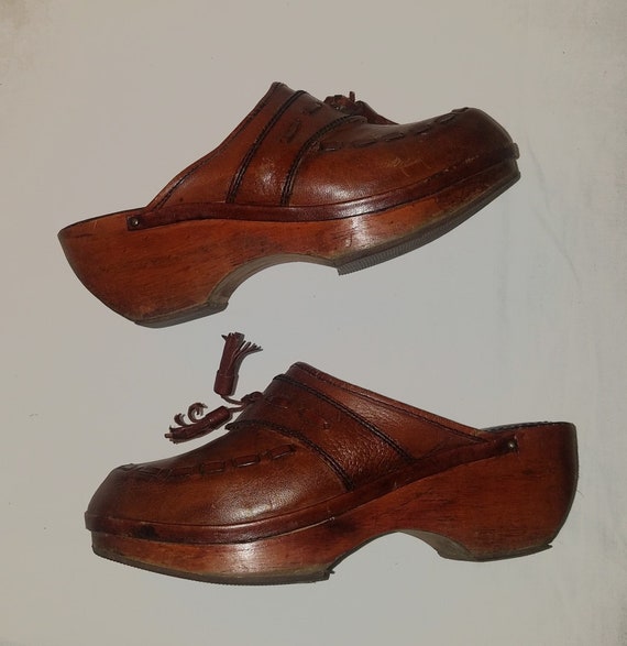 1970's Clogs, Brown Leather, Wooden Wood Shoes, V… - image 5